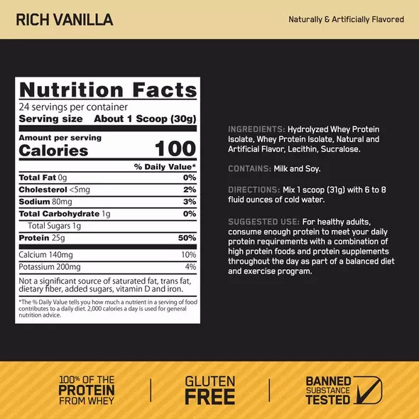 Optimum Nutrition GOLD STANDARD® 100% Isolate Rich Vanilla 2.91 lb (44 Servings) Polska | 508947LZF