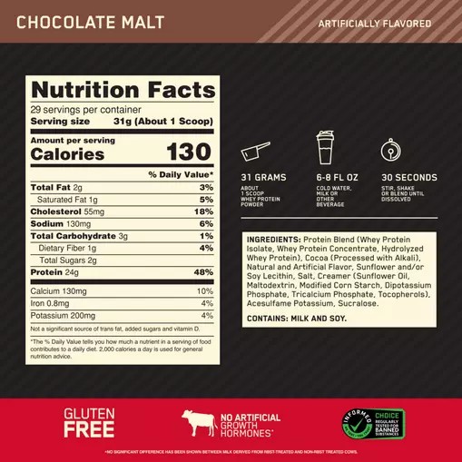 Optimum Nutrition GOLD STANDARD 100% WHEY™ Chocolate Malt 2 lb (29 Servings) Polska | 120936WAR