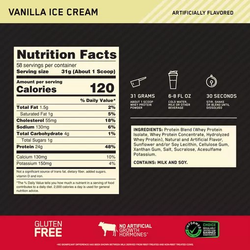 Optimum Nutrition GOLD STANDARD 100% WHEY™ Vanilla Ice Cream 4 lb (58 Servings) Polska | 901628GBV