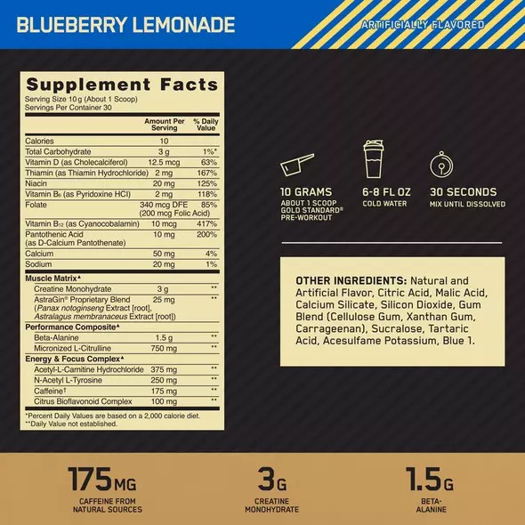 Optimum Nutrition GOLD STANDARD® Pre-Workout Blueberry Lemonade 0.66 lb (30 Servings) Polska | 407291ZQC