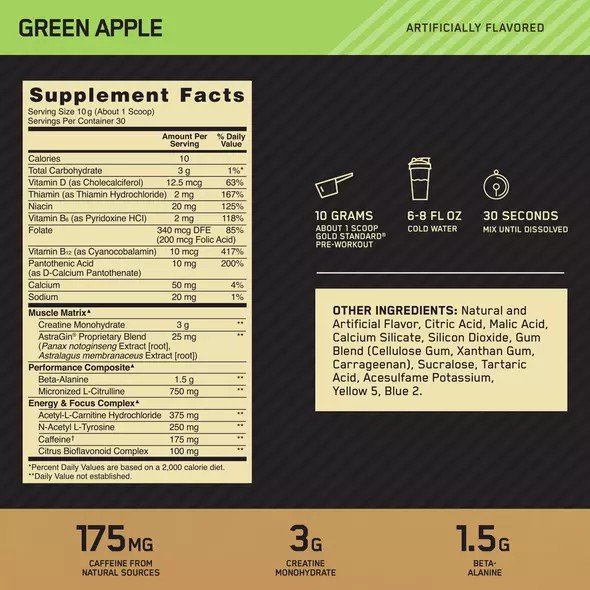 Optimum Nutrition GOLD STANDARD® Pre-Workout Green Apple 0.66 lb (30 Servings) Polska | 574130UMB