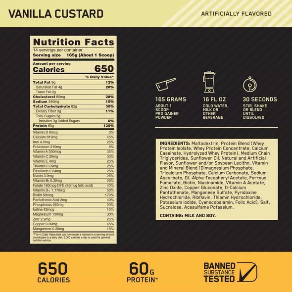 Optimum Nutrition GOLD STANDARD® Pro Gainer Vanilla Custard 5.09 lb (14 Servings) Polska | 507183YKZ