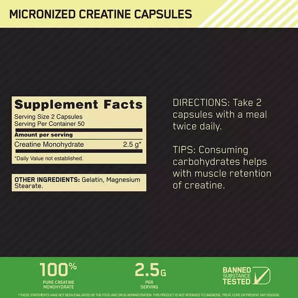 Optimum Nutrition Micronized Creatine Capsules 100 Capsules (50 Servings) Polska | 830794HAK