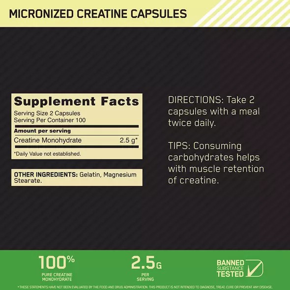 Optimum Nutrition Micronized Creatine Capsules 200 Capsules (100 Servings) Polska | 831794FMD