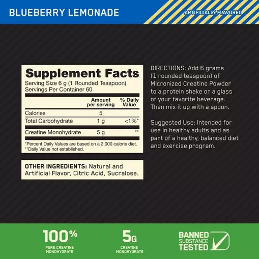 Optimum Nutrition Micronized Creatine Powder Blueberry Lemonade 0.79 lb (60 Servings) Polska | 032149LGH