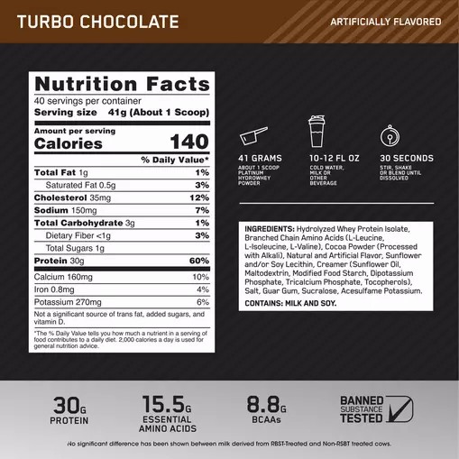 Optimum Nutrition PLATINUM HYDROWHEY™ Turbo Chocolate 3.61 lb (40 Servings) Polska | 560924UBI