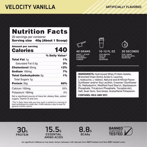 Optimum Nutrition PLATINUM HYDROWHEY™ Velocity Vanilla 1.76 lb (20 Servings) Polska | 968350ZMJ