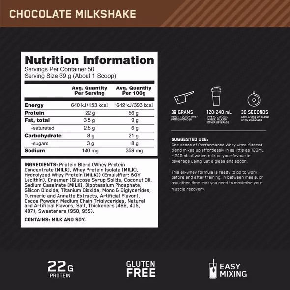 Optimum Nutrition Performance Whey Chocolate 1.95kg Polska | 023798GRN