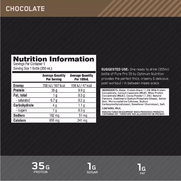 Optimum Nutrition Pure Pro 35 Chocolate 355ml (6 bottles) Polska | 713260ORE