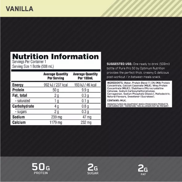 Optimum Nutrition Pure Pro 50 Vanilla 508ml (12 bottles) Polska | 493081ZYG